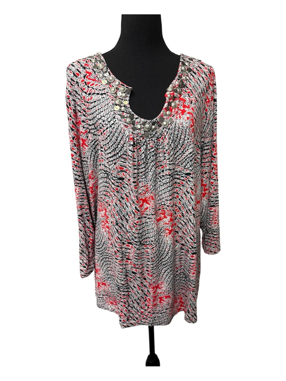 Ruby Rd 1X Embellished Abstract Tunic Top Red Black White Plus Size Chic